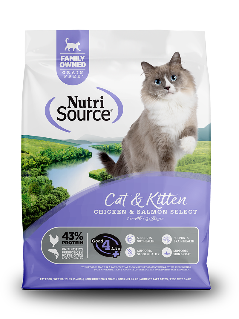 Nutrisource, Nourriture sans Grains pour Chats & Chatons, Poulet et Saumon Sélect.  43% de Protéines, Probiotiques et Postbiotiques.