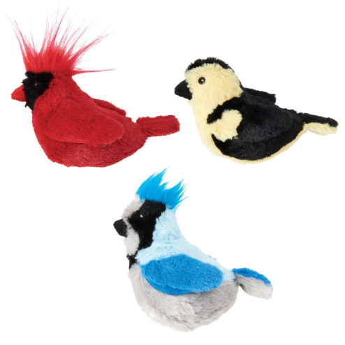 Oiseau sonore en peluche, avec herbe à chat.