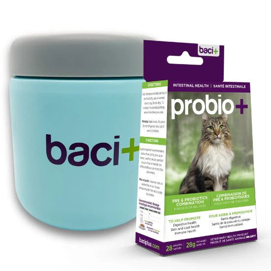 Baci+,Probio+, Pré et Probiotiques pour Chats (28 sachets x 1g). Avec pot mélangeur lnclu.