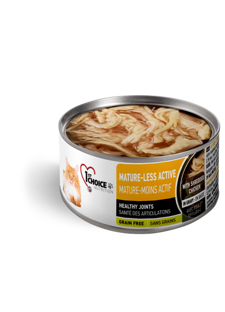 1st Choice Pâté en sauce pour chat Mature-Moins Actif avec poulet effiloché (85g)